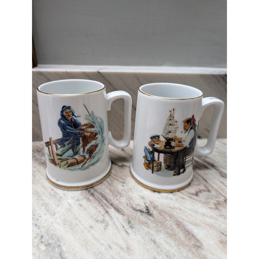 Vintage Norman Rockwell Coffee Mugs Cups For a Good Boy Braving The Storm  1996